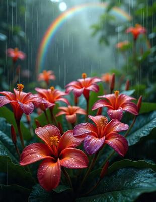 The primary subject of the image is a group of red flowers, which are the main focus of the scene. The flowers are located in a forest setting, surrounded by green leaves and a backdrop of rain. The visual style of the image is a photo, capturing the beauty of the flowers in their natural environment. The dominant colors in the image are red and green, creating a vibrant and lively atmosphere.